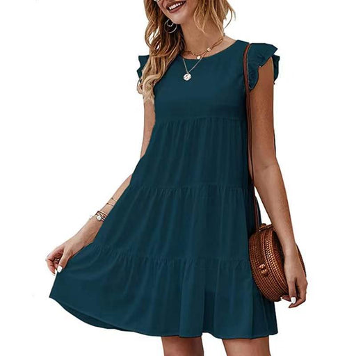 Color-Turquoise-Summer Solid Color round Neck Short Sleeves Dress Casual Tiered Dress Pleated Large Swing Dress-Fancey Boutique