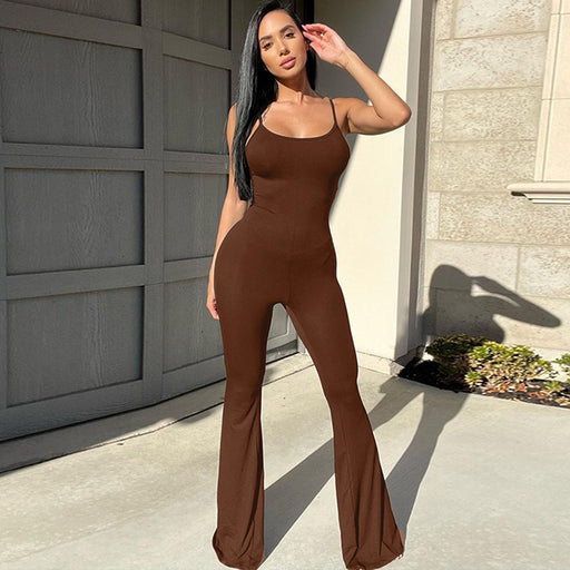 Color-Coffee-Women Clothing Spring Sexy U Collar Backless Slim Fit Solid Color Sling Jumpsuit-Fancey Boutique