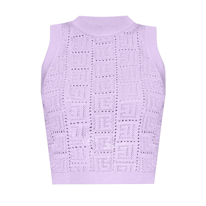 Color-Purple Vest-Long Sleeve Short round Neck Hollow Out Cutout out Knitwear Dress Vest Shorts Women-Fancey Boutique