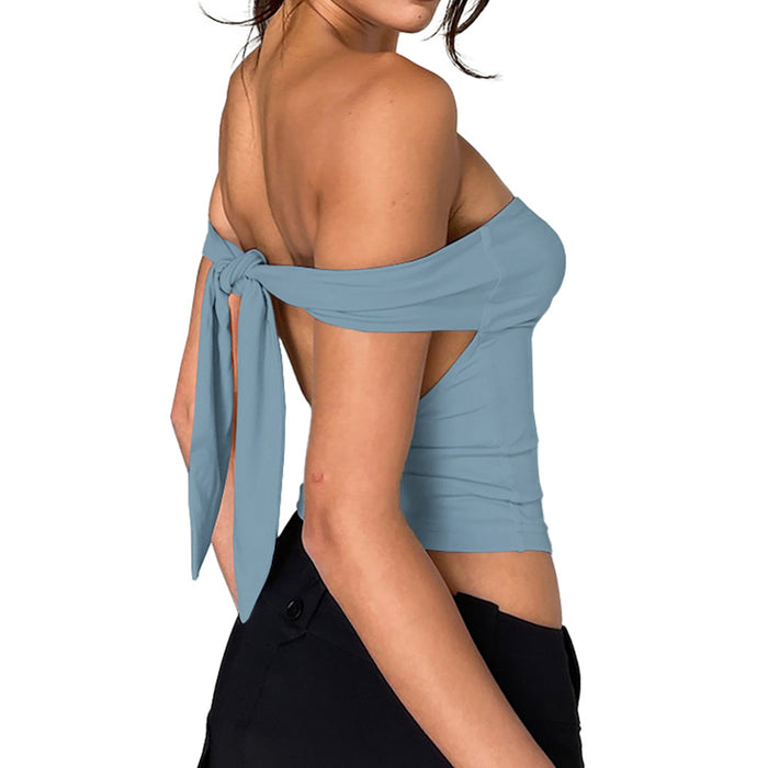 Women Clothing Sexy Solid Color Lace up Non-Slip Tube Top Backless Top-Blue-Fancey Boutique