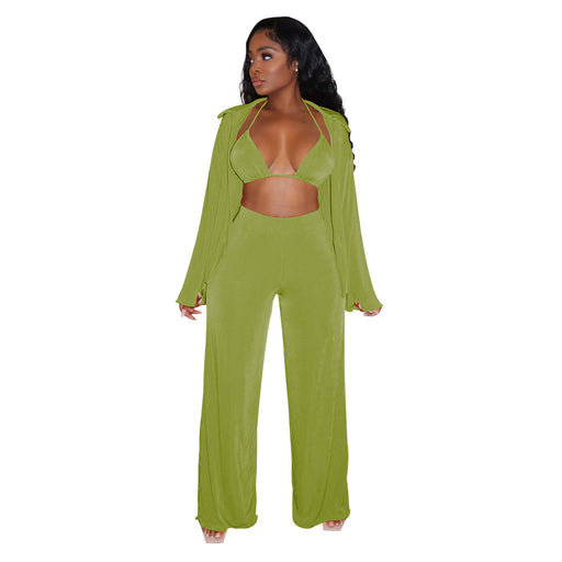 Color-Green-Women Clothing Long-Sleeved Bikini Wide-Leg Pants Solid Color Casual Set-Fancey Boutique