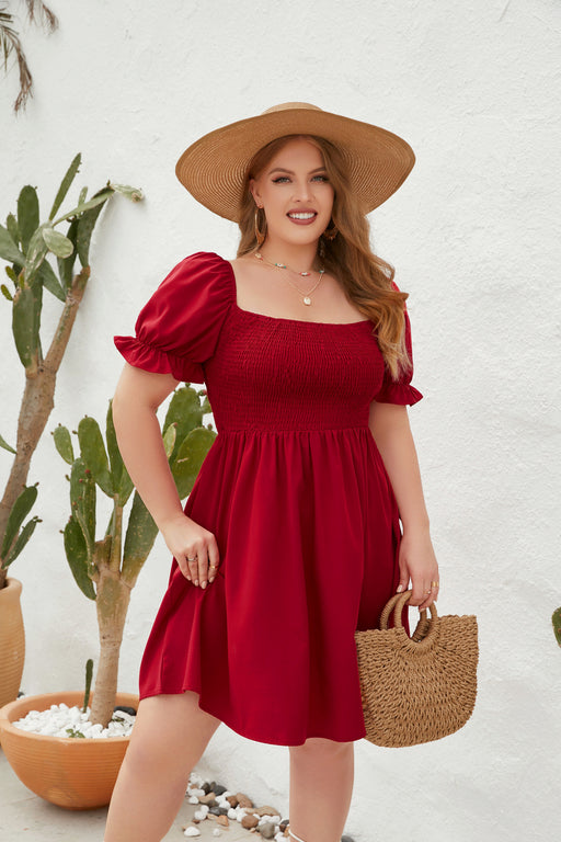 Color-Burgundy-Plus Size Women Clothing Solid Color Casual Holiday Dress Travel Square Collar Smocking Puff Sleeve Dress-Fancey Boutique