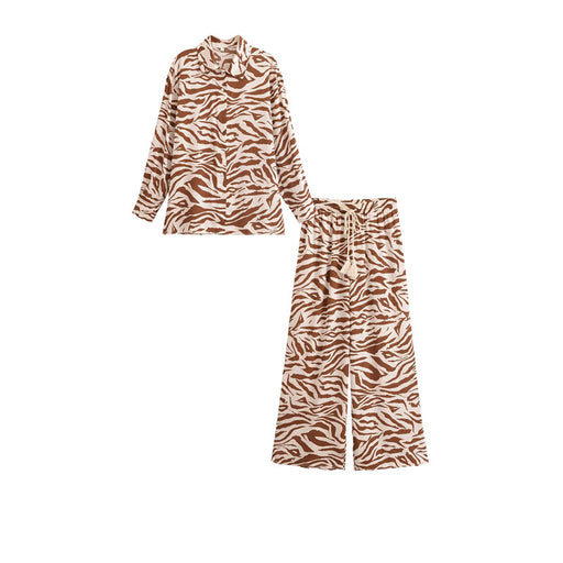 Women Zebra Button Loose Casual Shirt High Waist Lace up Pant Sets-Set-Fancey Boutique