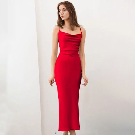 Color-Red-Spring Satin Little Red Dress Swing Collar Strap Fishtail Dress Chic-Fancey Boutique