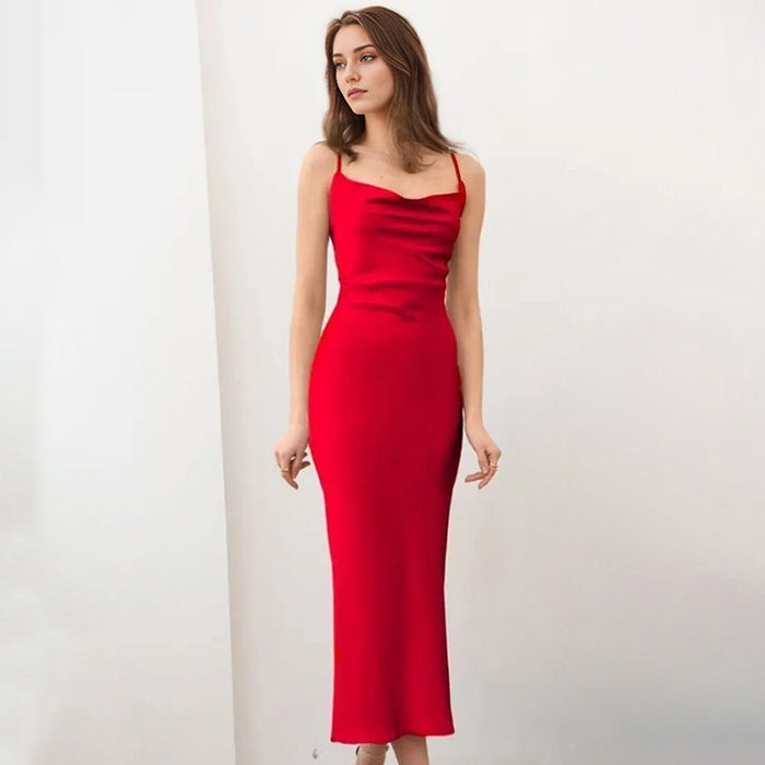 Color-Red-Spring Satin Little Red Dress Swing Collar Strap Fishtail Dress Chic-Fancey Boutique