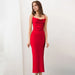 Color-Spring Satin Little Red Dress Swing Collar Strap Fishtail Dress Chic-Fancey Boutique