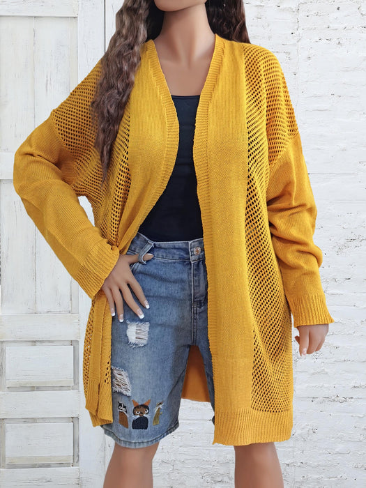 Color-Yellow-Plus Size Women Clothes Hollow Out Cutout Woven Coat Long Casual Outer Wear Cardigan Air Conditioning Shirt-Fancey Boutique