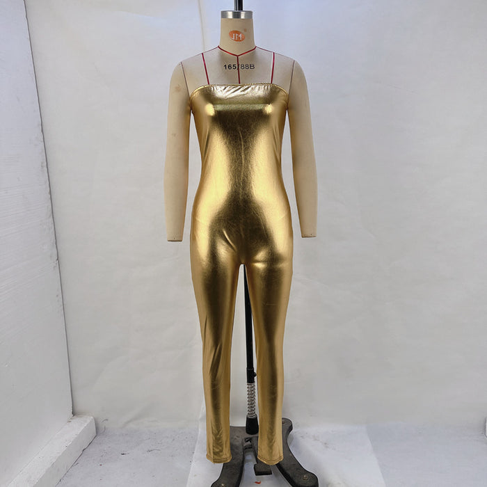 Color-Gold-Metallic Coated Fabric Women Clothing Autumn Winter Sexy Tube Top Jumpsuit Trousers Women Overall-Fancey Boutique