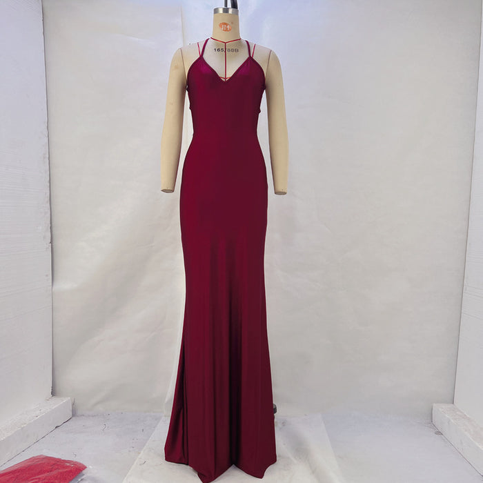 Women Clothing Spring Summer Solid Color Sexy Backless Hip Slimming Long Strap Dress-Burgundy-Fancey Boutique