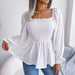 Color-White-Spring Summer Casual Wooden Ear Square Collar Long Sleeve Chiffon Shirt Women Clothing-Fancey Boutique