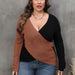 Color-Brown-Autumn Winter Women Tops plus Size Women Clothes Color Contrast Patchwork Deep V Plunge Cross Sexy Sweater-Fancey Boutique