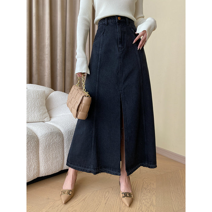 French Blogger Line Split Raw Hem High Waist A line Denim Skirt-Black-Fancey Boutique