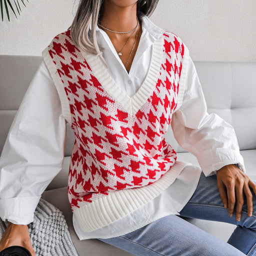 Color-Red-Autumn Winter V-neck Houndstooth Casual Loose Knitted Vest Sweater Waistcoat Women Clothing-Fancey Boutique
