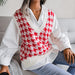 Color-Red-Autumn Winter V-neck Houndstooth Casual Loose Knitted Vest Sweater Waistcoat Women Clothing-Fancey Boutique