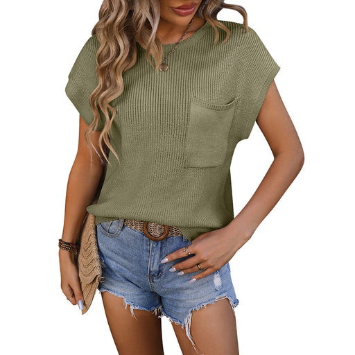 Color-Army Green-Women Clothing Women round Neck Pocket Decorative Top Sweater with Short Sleeves-Fancey Boutique