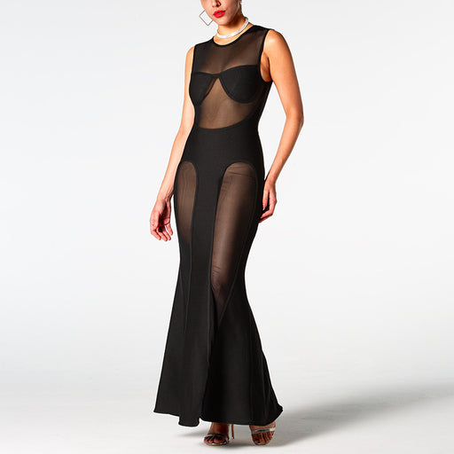 Color-Black-Dress Sexy Slim Mesh Stitching Tube Top Cutout out See through Maxi Dress High Sense-Fancey Boutique