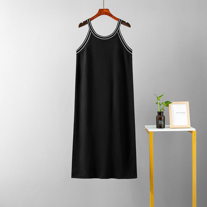 Color-Black-Summer Slimming Ice Silk Sling Black Dress Mid Length Knitted Dress Women-Fancey Boutique