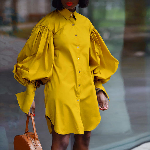 Color-Yellow-Women Clothing Office Solid Color Shirt Dress Shirt-Fancey Boutique
