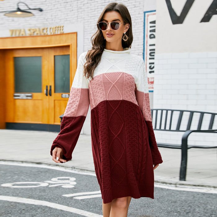 Color-Wine Red Long Sweater-Autumn Winter Casual Loose Round Neck Long Sweater Idle Contrast Color Long Sleeves Knitted Sweater Dress-Fancey Boutique