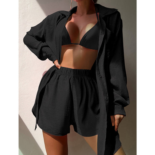 Color-Black-Beach Vacation Solid Color Shirt Suit Sexy Loose Sun Protective Clothing Casual Beach Swimsuit Blouse-Fancey Boutique