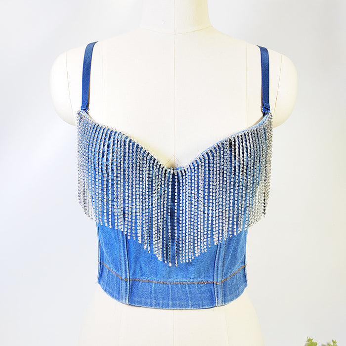 Sexy Denim Tube Top with Chest Pad Short Sleeveless Body Shaping Top Rhinestone Tassel Boning Corset Corset-Fancey Boutique