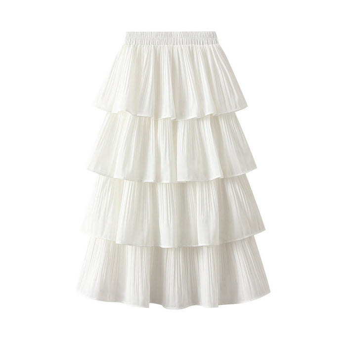 Color-White-Wooden Ear Stitching Pleated Big Hem Skirt Women's Summer Mid Length Tiered Dress-Fancey Boutique