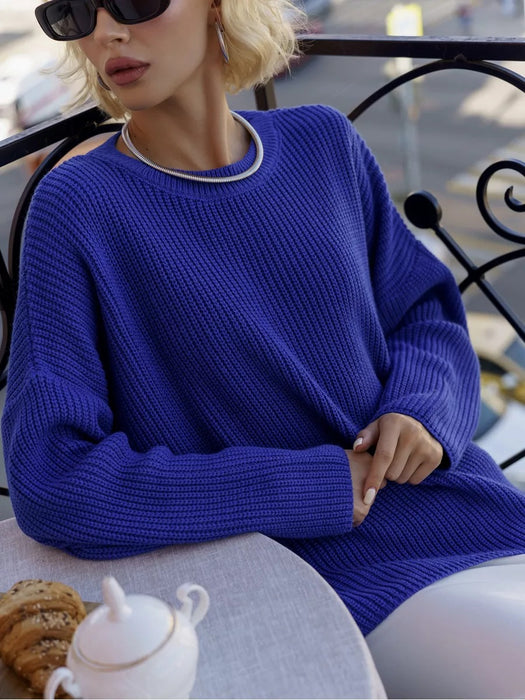 Solid Color round Neck Sweater Spring Autumn Loose Sweater Pullover Sweater for Women-Blue-Fancey Boutique