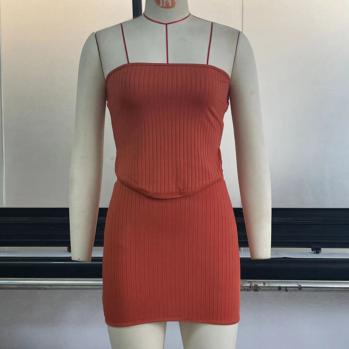 Knitted Irregular Asymmetric Tube Top Top Skirt Set New Backless Sexy Skirt Hip Skirt Two-Piece-Orange-Fancey Boutique