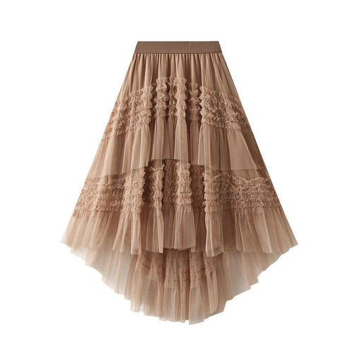 Color-Khaki-Fungus Irregular Asymmetric Solid Color Cake Pettiskirt Fairy Dress Large Swing Stitching Mesh Half Length Skirt-Fancey Boutique