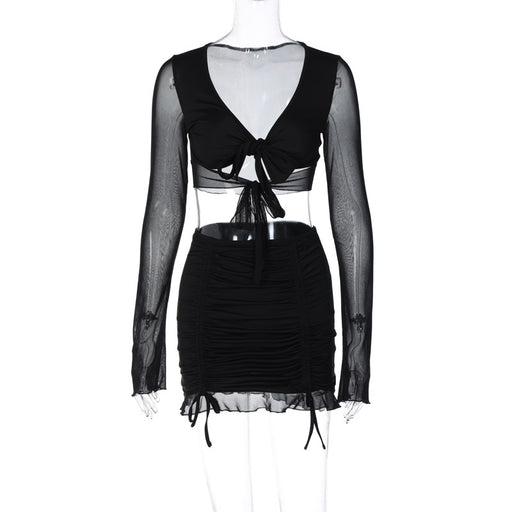 Color-Black-Summer Women Clothing Solid Color V neck Long Sleeve High Waist Pleating Skirt Set-Fancey Boutique