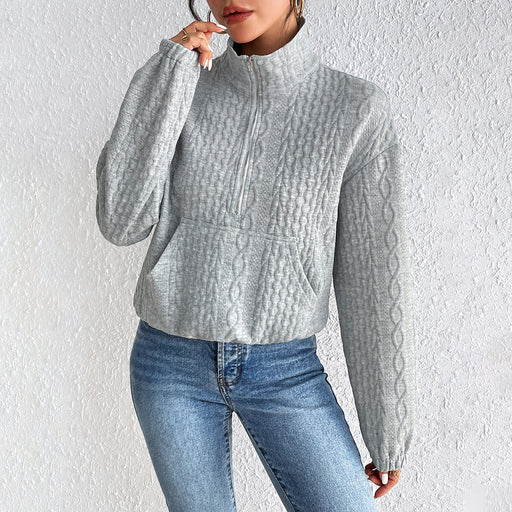 Color-Gray-Autumn Casual Solid Color Long Sleeve Zipper Top Women-Fancey Boutique