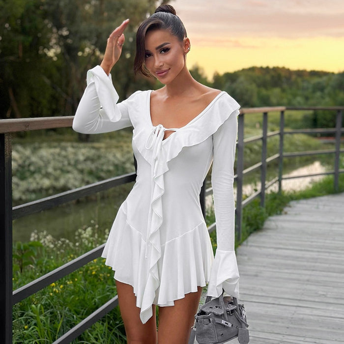 Women Clothing Ruffled Pointed Collar Rope Bell Sleeve Dress