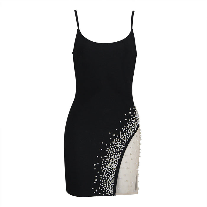 Color-Black-Sexy Beaded Bandage Dress Slim Party Gathering Camisole Gown Dress-Fancey Boutique