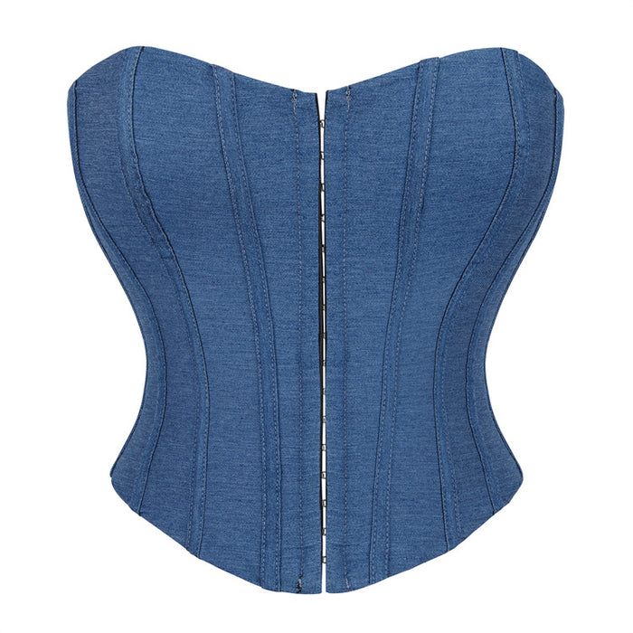 Blue Color Denim Single-Breasted Women's Tube Top Breasts Support Push up Court Body Shaping Top-Blue-Fancey Boutique