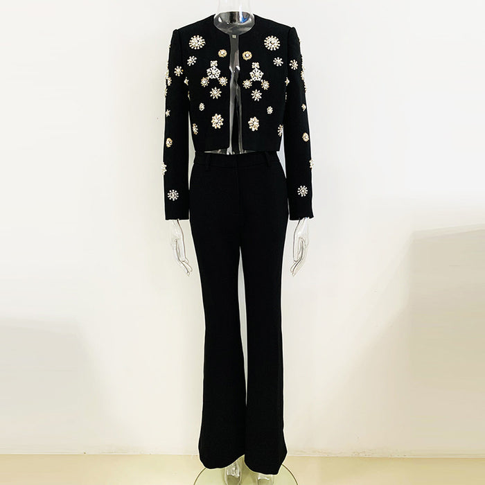 Color-Black-Round Neck Heavy Industry Beads Short Jacket Split Flared Pants Suit-Fancey Boutique