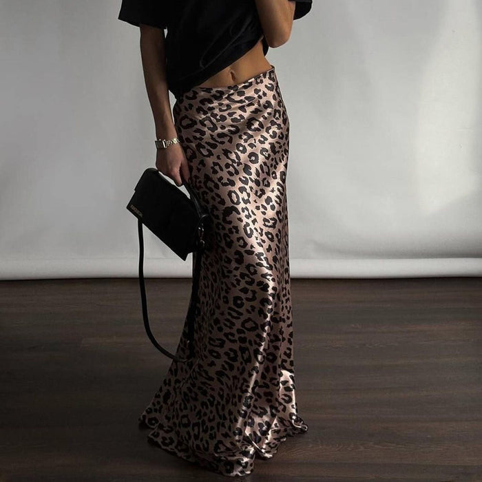 Women Clothing Satin Draping Skirt Leopard Print Sexy Sheath Fishtail Skirt Floor Length Dress-Fancey Boutique