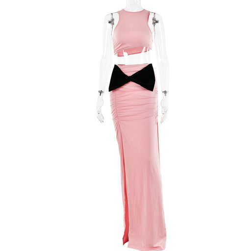 Color-Pink-Summer Arrival Sexy High Waist Stitching Split Bow Hip Skirt Set-Fancey Boutique