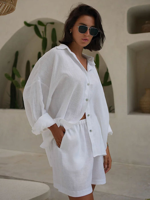 Shirt Outfit Summer Women Vacation Casual Loose Long Sleeved Shirt Shorts Suit-White-Fancey Boutique