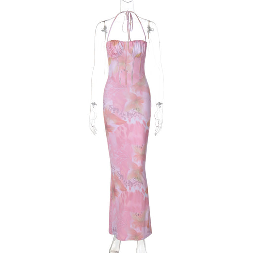 Printed Sexy Wrapped Chest Halter Slim Fit Dress-Pink-Fancey Boutique