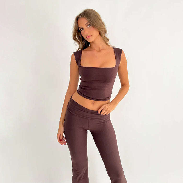 Color-Brown-Women Clothing Solid Color Square Collar Vest Bootcut Pants Suit Yoga Fitness Sports Two Piece Summer-Fancey Boutique