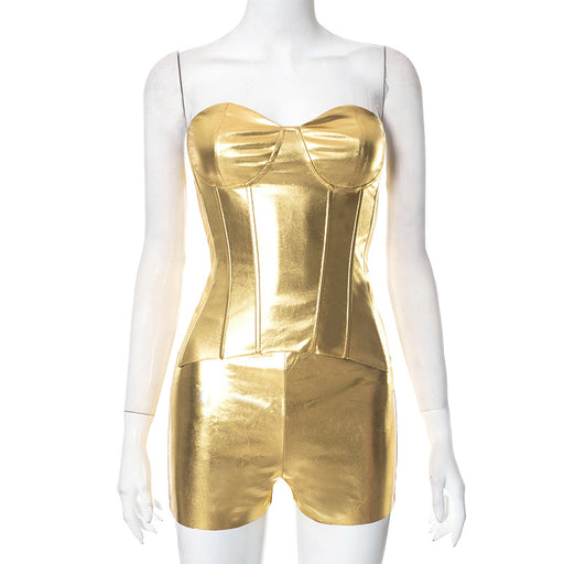 Color-Gold-Metallic Coated Fabric Autumn Faux Leather Body Shaping Tube Top Casual Shorts Two Piece Set-Fancey Boutique