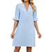 Color-skyblue-Summer Solid Color V neck Loose Pleated Half Length Sleeve Dress Women-Fancey Boutique