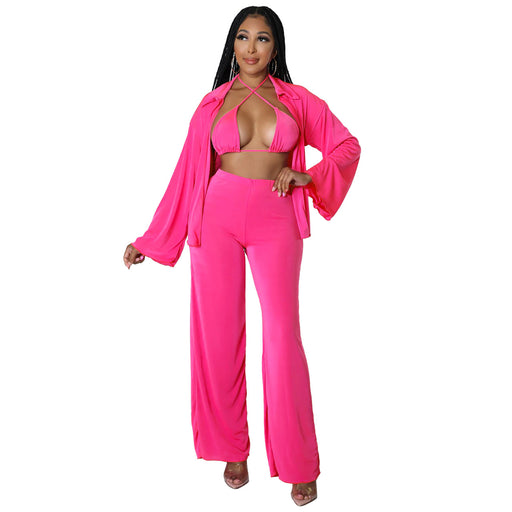 Color-Pink-Plus Size Women Clothes Nightclub Sexy Cropped Outfit Cardigan Bell Sleeve Casual Three-Piece Suit-Fancey Boutique