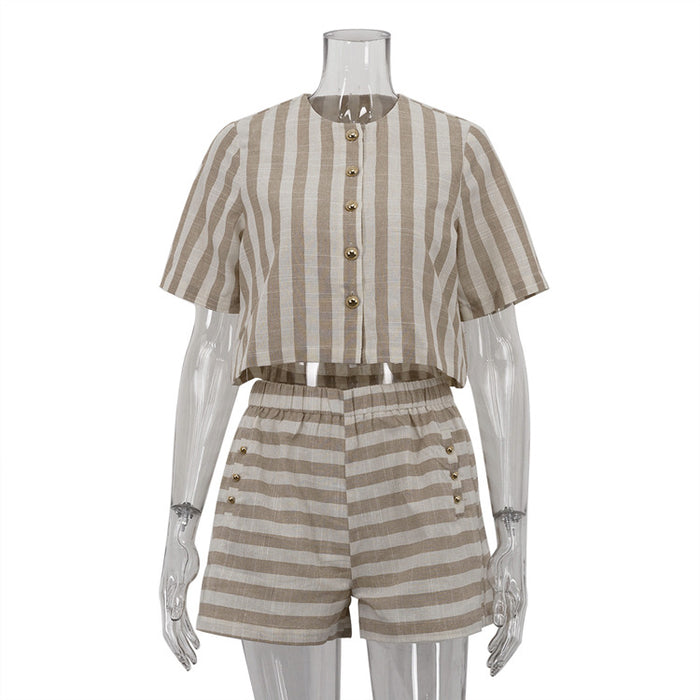 Women Clothing Short Sleeve Striped Shirt Shorts Suit Loose Breathable Two Piece Set-Apricot-Fancey Boutique