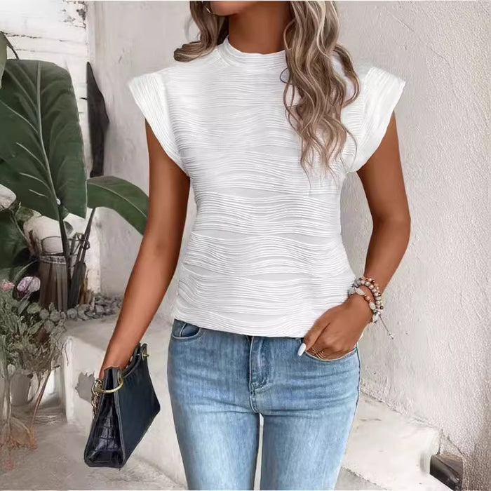 Pullover Beautiful Clothes Summer Half Turtleneck Water Ripple Back Buttoned Short Sleeve T Shirt-Fancey Boutique