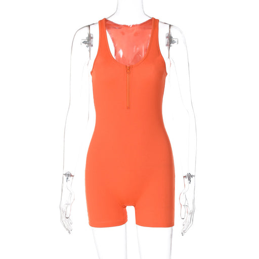 Women Clothing Summer Solid Color Slim Zipper Sleeveless Jumpsuit-Orange-Fancey Boutique