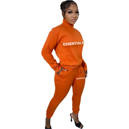 Color-Orange-Urban Autumn Winter Printed Alphabet plus Velvet Pullover Zipper Casual Sports Suit-Fancey Boutique