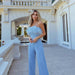 Color-Blue-Spring Summer Women Clothing Sexy Deep V Plunge Feather Jumpsuit Casual Trousers-Fancey Boutique