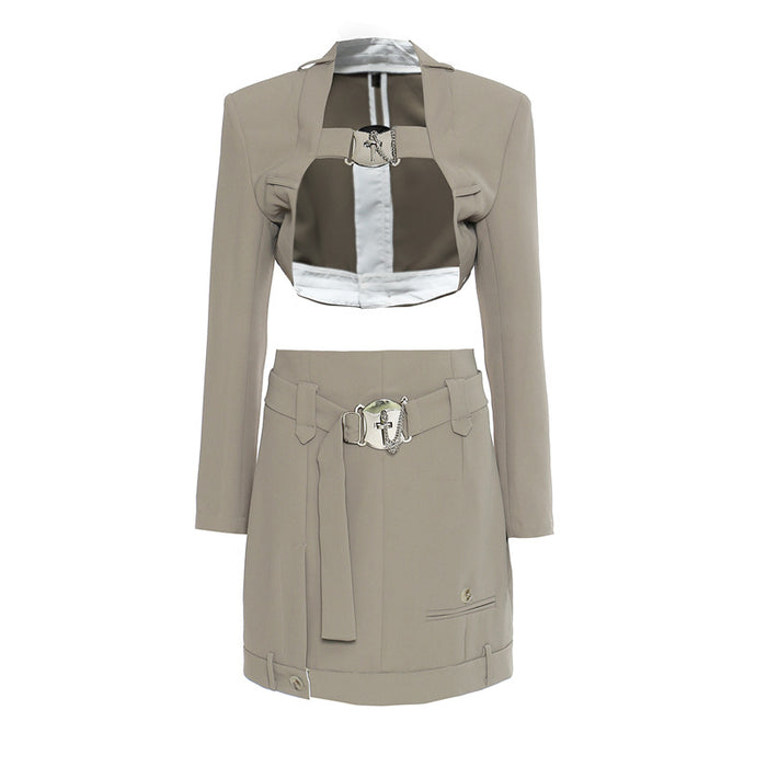 Color-Set-Autumn Handsome Short Metal Fastener Coat Skirt Two Piece Market Suit Women-Fancey Boutique