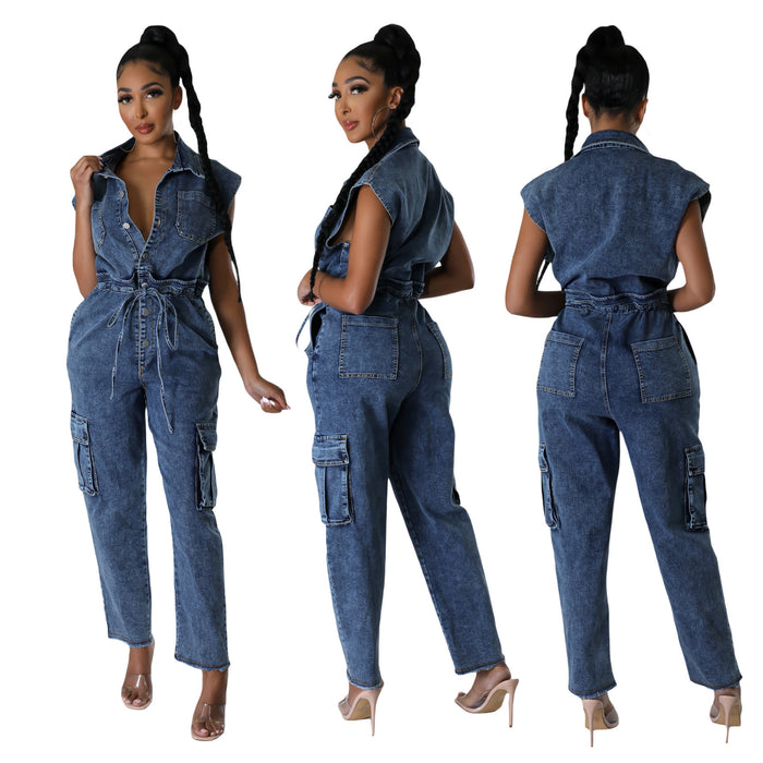 Tight Waist Slim Elastic Washing Denim Jumpsuit Straight Loose Jumpsuit-Navy Blue-Fancey Boutique